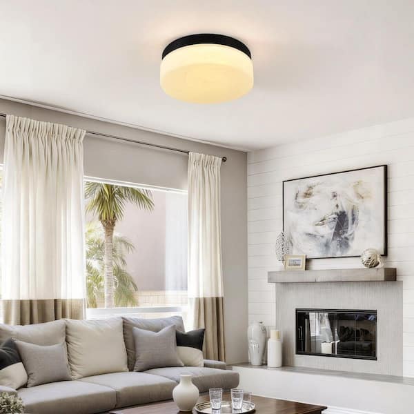 GMGSROM 11.4 in. LED Black Flush Mount With Cloudy Glass Shade