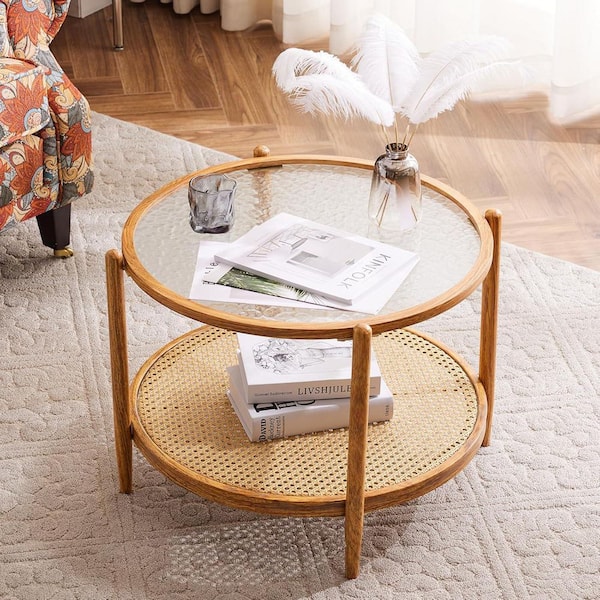 VINGLI 25. 59in Heat Transfer Wood Grain Color Round Water Ripple Glass Coffee Table with PE Vine and Iron Frame