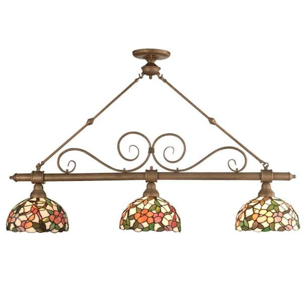 Dale Tiffany 3-Light Tiffany Peony Pool Table Fixture-DISCONTINUED