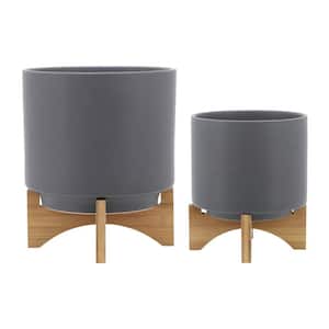 Gray Outdoor Ceramic Planter with Wood Stand (2-Pack) (5/8) in.