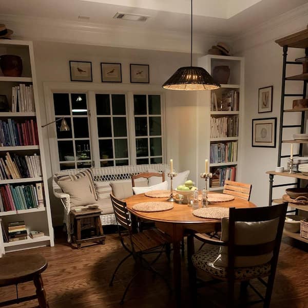 Carter 13.4 in. 1-Light Integrated LED Black Pendant Light with Natural Rattan Shade