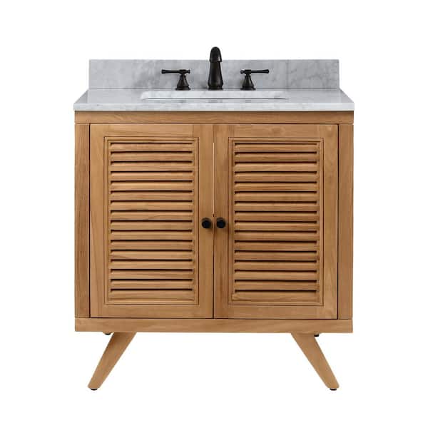 Avanity Harper 31 in. Single Sink Natural Teak Bath Vanity with Carrara White Marble Top