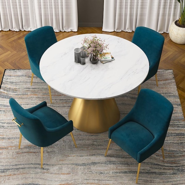 Boyel Living 5-Piece Round Stainless Steel White and Gold Marble Top Table Set Seats 4 (4-Light Green Dining Chairs）