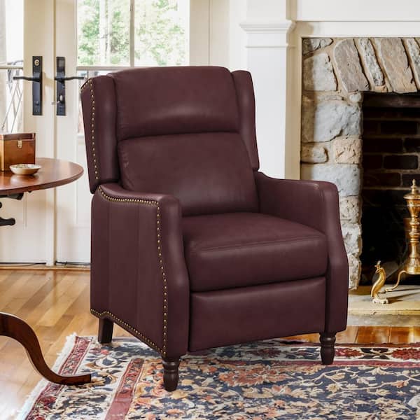 Lange 28 in. W Burgundy Genuine Leather Nailhead Trim Recliner Arm Chair with Cushioned Back and Wooden Legs