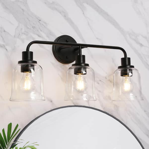 LNC Modern 22.8 in. 3-Light Black Bathroom Vanity Light with Bell Clear Glass Shades Contemporary Wall Sconce Over Mirrors