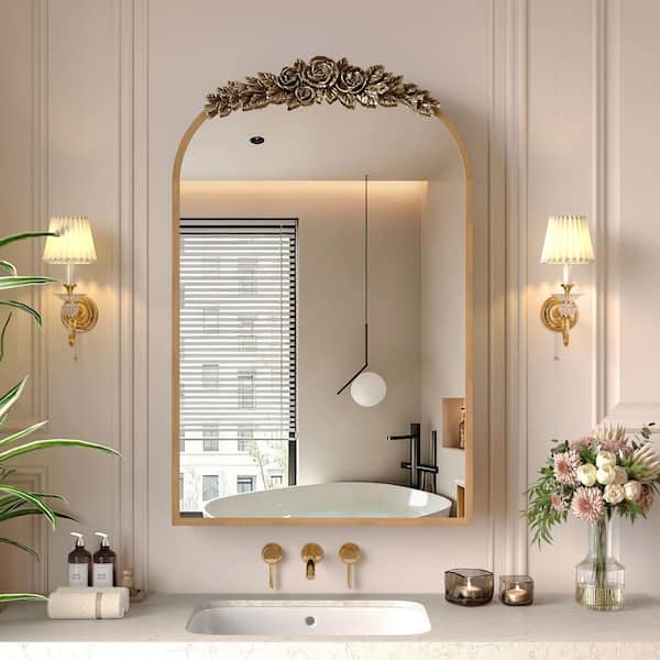 Arched Antique Gold 15.75 in. H MDF Wood Vintage Wall Mounted Cabinet Mirror with Storage