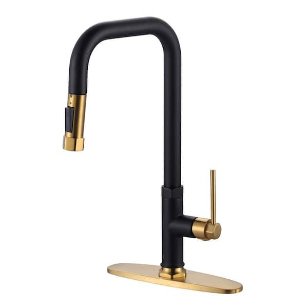 IVIGA Brass Single Handle Pull Down Sprayer Kitchen Faucet with Advanced Spray, Deck Plate and Supply Lines in Black and Gold