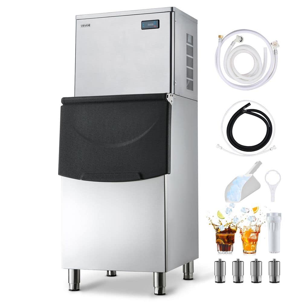 26.77 in. Commercial Ice Maker Machine 650 lbs./24H w/250 lbs. Storage Silver Self-Cleaning Full Size Cubes Freestanding