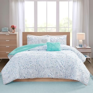 Lara 4-Piece Aqua Blue Twin/Twin XL Metallic Printed and Pintucked Polyester Comforter Set