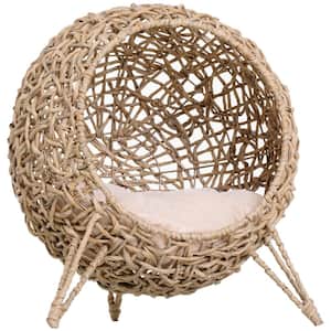 20.5 in. H Rattan Cat Bed, Elevated Wicker Kitten House Round Condo with Cushion, Natural