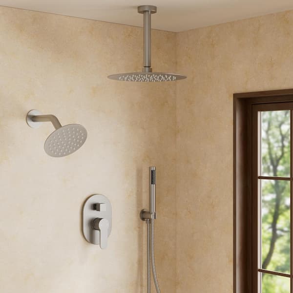 YAWWALK 3-Spray 10 and 6 in. Dual Shower Heads Ceiling Mount and Handheld Shower Head in Brushed Nickel (Valve Included)