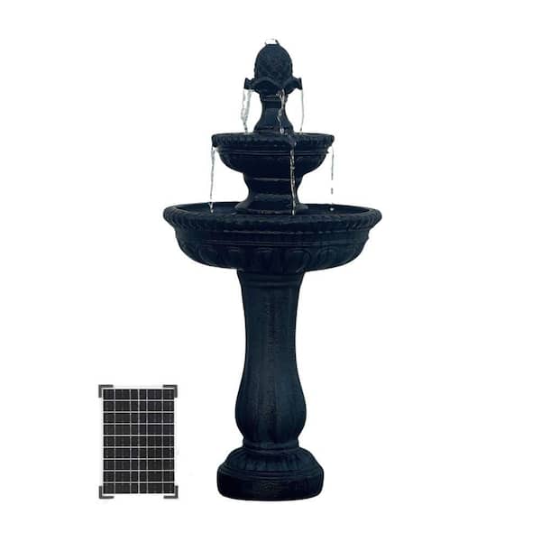 39 in. 2-Tiered Solar Water Fountain, Outdoor, Sand Stone Resin, with Solar Panel and Solar Pump, Birdbath Fountain