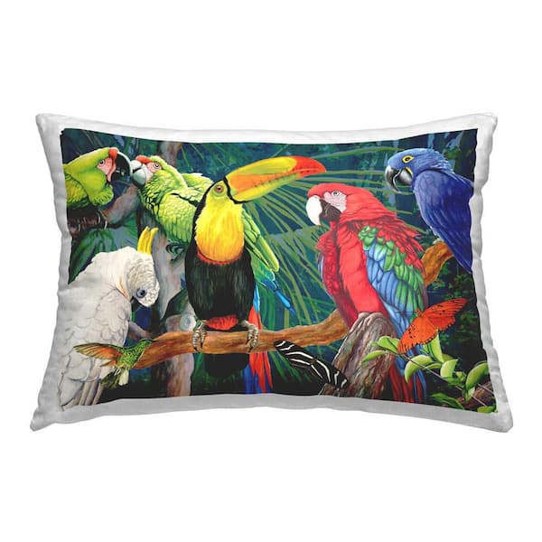 Stupell Industries Rainforest Birds Perched Multi-Color Floral Polyester 14 in. x 20 in. Throw Pillow