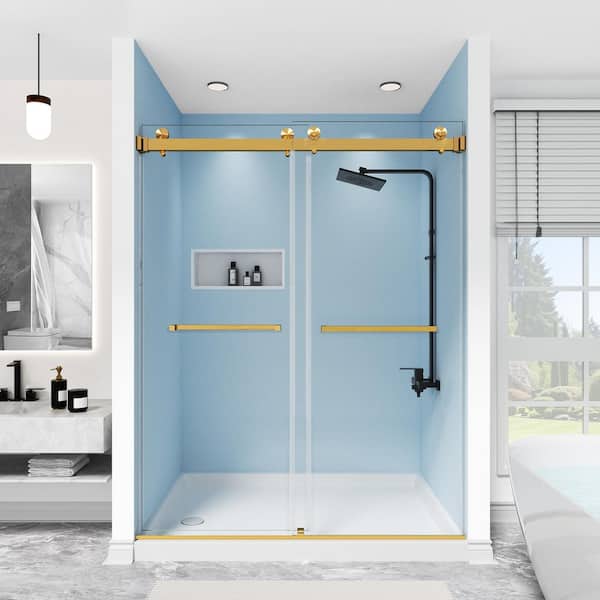44-48 in. W x 76 in. H Double Sliding Frameless Shower Door Brushed Gold with 3/8 in. Clear Glass for Walk-in Showers