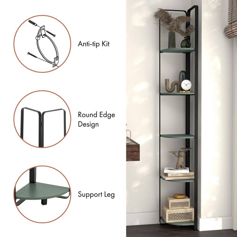 Naija Sage Green 71" Minimalist Corner Bookcase with Black Metal Frame