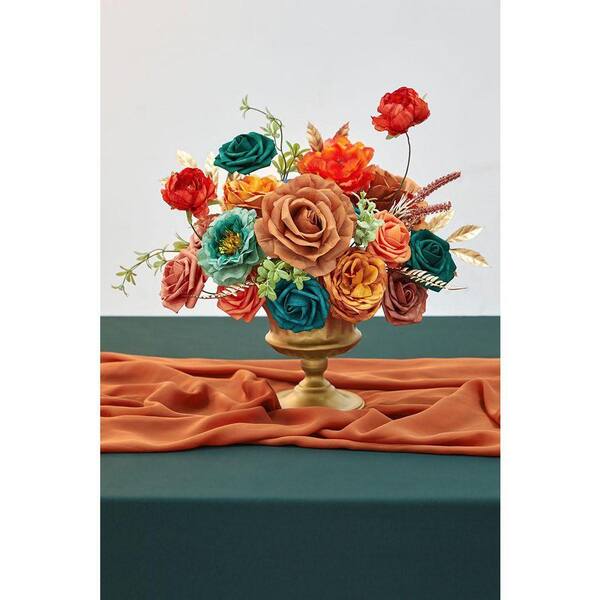 5 in. H Burnt Orange and Teal Artificial Silk Mixed Flowers for