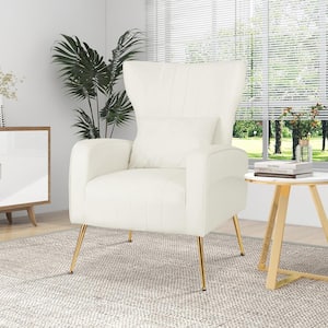 White Velvet Upholstered Wingback Arm Chair with Lumbar Pillow and Golden Metal Legs