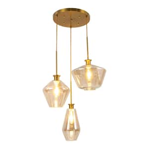 60-Watt 3-Light Champagne Gold Modern Paint Baking Shaded Pendant Light with Glass Shade, No Bulbs Included