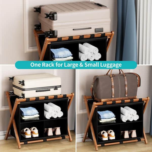 Wudkey Black Bamboo Luggage Rack with 4 Storage Compartments