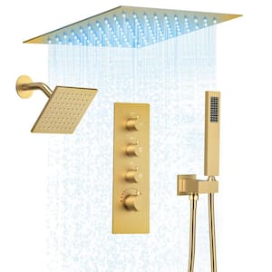 Thermostatic Valve LED 7-Spray Ceiling Mount 12 and 6 in. Dual Shower Head and Handheld Shower Head in Brushed Gold