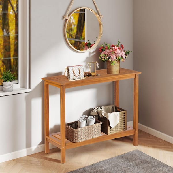 Huluwat 42 in. Light Brown Rectangle Acacia Wood Console Table for Living Room, Indoor Outdoor Furniture