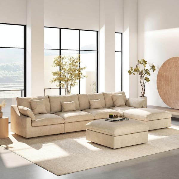 Magic Home 156 in. Square Arm Plush Linen 6-Piece Comfy Couch Deep Seat Cloud Modular Sectional Sofa with 2 Ottomans in. khaki MH-140KH-SF4+2