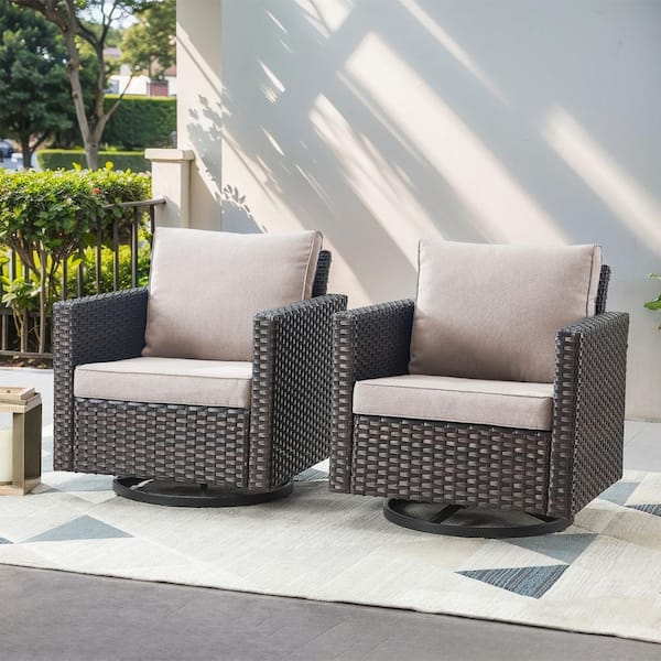 Gymojoy Valenta Brown Wicker Outdoor Rocking Chair with Beige Cushions
