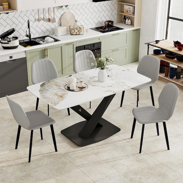 63 in. Pandora Round Edge Sintered Stone Tabletop with Pedestal Metal Cross Legs Dining Table, Seats 4-6