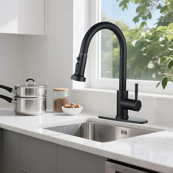 3-Mode Single Handle Pull Down Sprayer Kitchen Faucet with Deckplate in Oil Rubbed Bronze