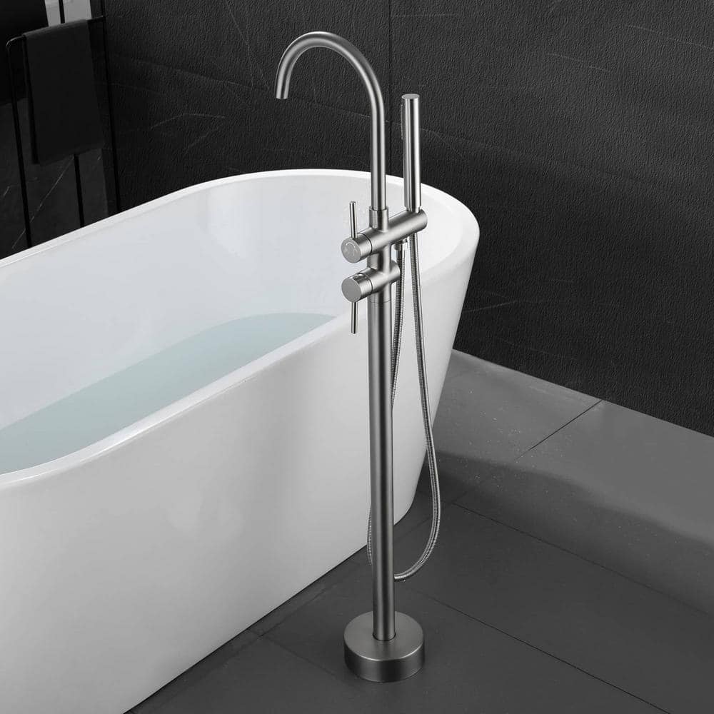 Brushed Nickel Double Handle Freestanding Tub Faucet with Hand Shower