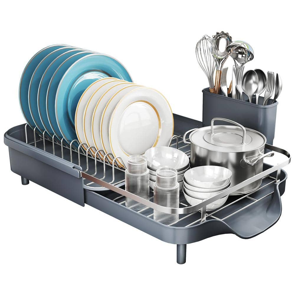 Gray Stainless Steel Expandable Dish Drying Rack with Utensil Holder