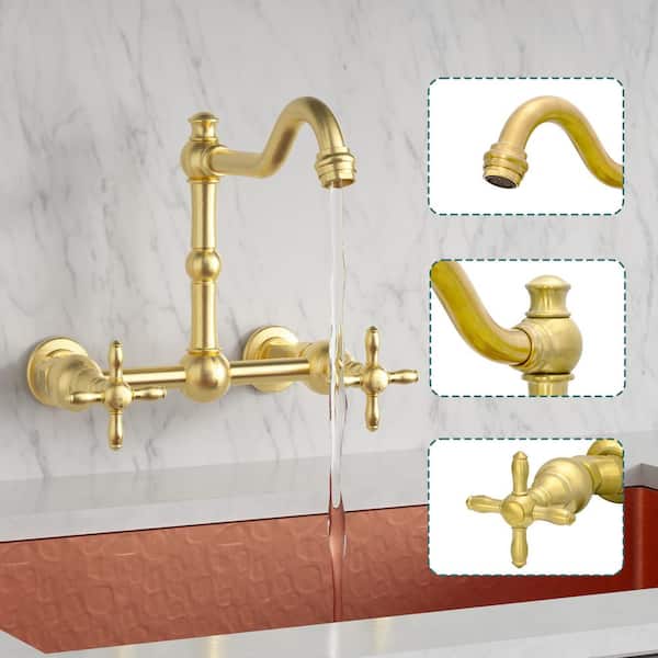 Kitchen Faucets - Solid Brass Wall Mount Kitchen Sink Faucet with 2 Cross Handles, Brushed Gold