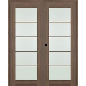 Vona 60 in. x 96 in. 5-Lite Right Hand Active Frosted Glass Pecan Nutwood Wood Composite Double Prehung French Door