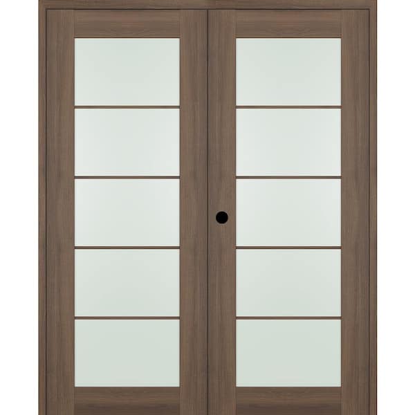 Belldinni Vona 48 in. x 80 in. 5-Lite Right Hand Active Frosted Glass Pecan Nutwood Wood Composite Double Prehung French Door