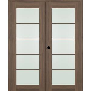 Vona 64 in. x 96 in. 5-Lite Right Hand Active Frosted Glass Pecan Nutwood Wood Composite Double Prehung French Door