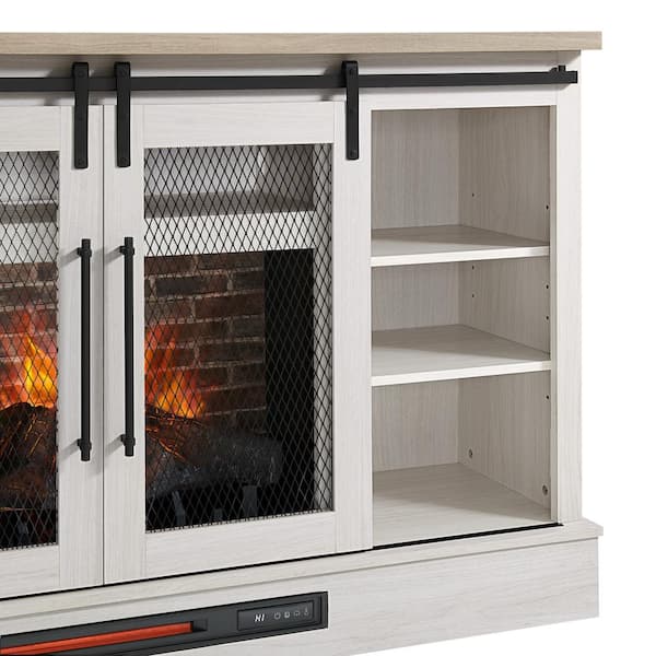 Home Decorators Collection Bramble 63 in. Freestanding Electric Fireplace  TV Stand w/ Sliding Mesh Barn Door in White w/ Washed Blonde Walnut Top  1361FM-26-352 - The Home Depot