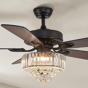 52 in. Smart Indoor Black Crystal Chandelier Ceiling Fan with Dimmable Intergrated LED Included 2 Downrods