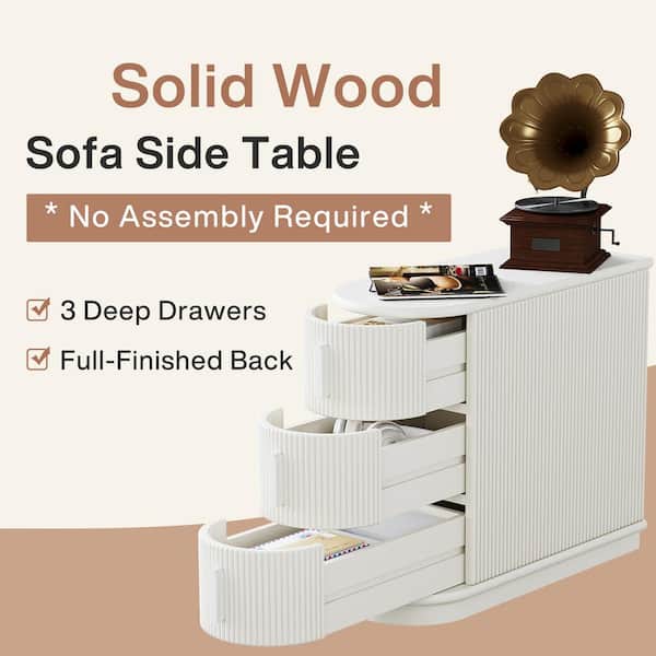 Kerlin 23.62 in. White Solid Wood End Table, U-Shaped Side Table Cabinet, Side Table with 3-Drawer, Fully Assembled