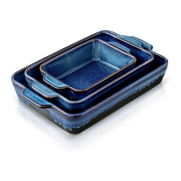 Rectangular 3-Piece Ceramic Baking Dish Set Nebula Blue Reactive Glaze Stoneware Bakeware with Easy Clean