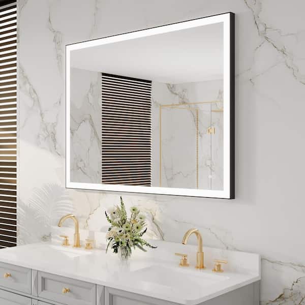 48 in. W x 36 in. H Rectangular Framed Anti-Fog Wall Mount Dimmable LED Bathroom Vanity Mirror with Light in Matte Black