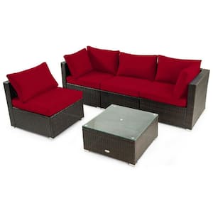 5-Piece Wicker Patio Conversation Set Rattan Furniture Set with Red Cushions and Glass Table