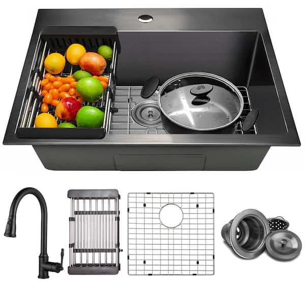 AKDY All-in-One Matte Black Finished Stainless Steel 25 in. x 22 in. Drop-In Single Bowl Kitchen Sink with Pull-Down Faucet