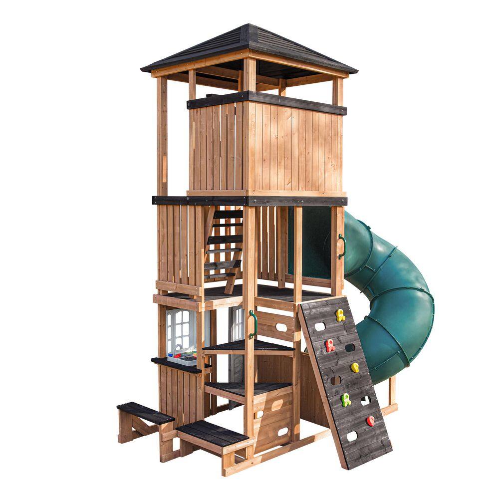 Pro Assembled Panorama Tower Outdoor Wooden Playhouse with Tube Slide, Climbing Wall, Play Kitchen, Bench with 3-Decks