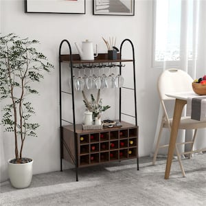 Brown Wood Freestanding Bottle Rack with Stemware Holder & Open Shelves