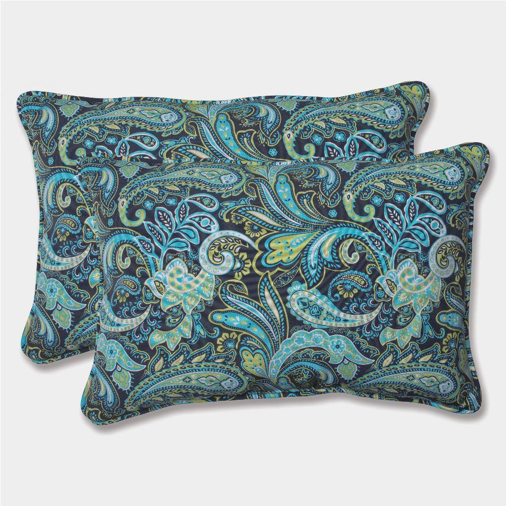 Paisley Navy Blue and Green Outdoor Lumbar Pillows Set