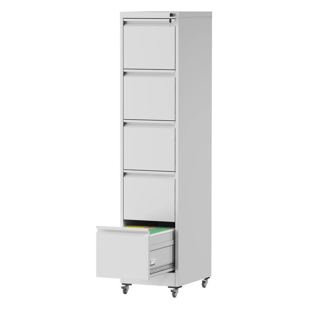 5-Drawer White Metal 17.72 in. W Vertical File Cabinet with Lock and Wheels durable construction