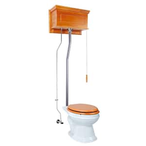 Light Oak Finish Wooden High Tank Pull Chain Toilet 2-Piece 1.6 GPF Single Flush Elogated Bowl in White