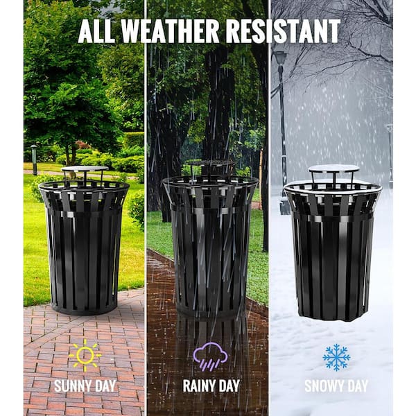 38 gal. Black Steel Slatted Commercial Outdoor Trash Can Receptacle with Rain Bonnet Lid and Liner