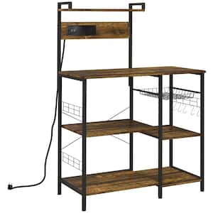 Rustic Brown 4 Shelf Metal Frame 35.5 in Baker's Rack with 5 S-Hooks, Power Outlet, USB Charger, Microwave Stand