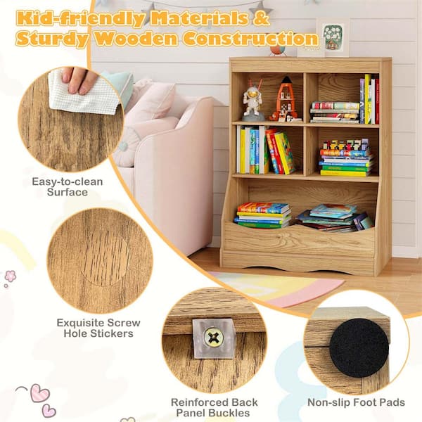 Costway 26.5 in. Wide Natural 5-Shelves Kids Bookcase with Anti